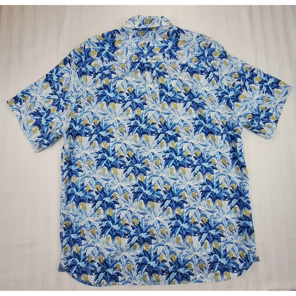 Tommy Bahama Mens Large Blue Tropical Palm Pineapple Tencel Cotton Aloha Shirt